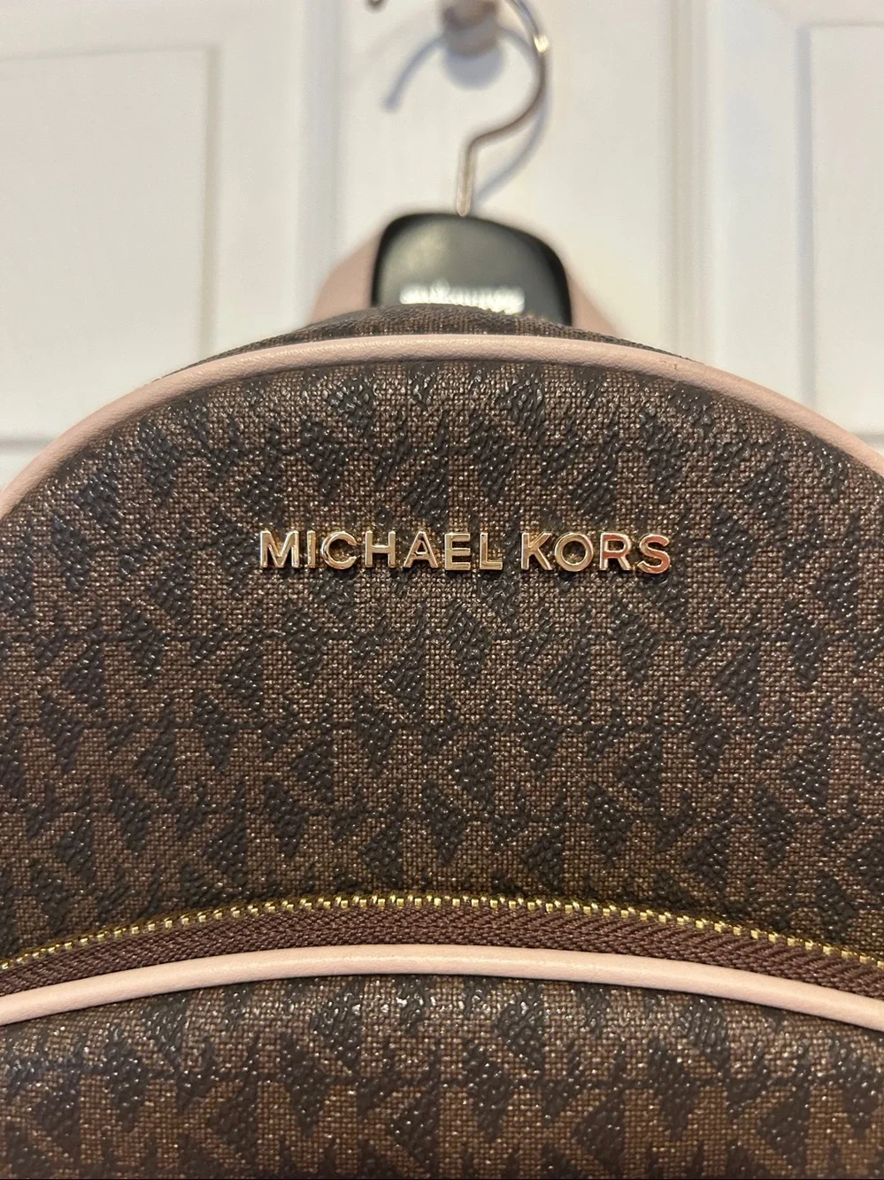 Michael Kors Dark Brown MK Monogram Backpack with Light Pink Trim